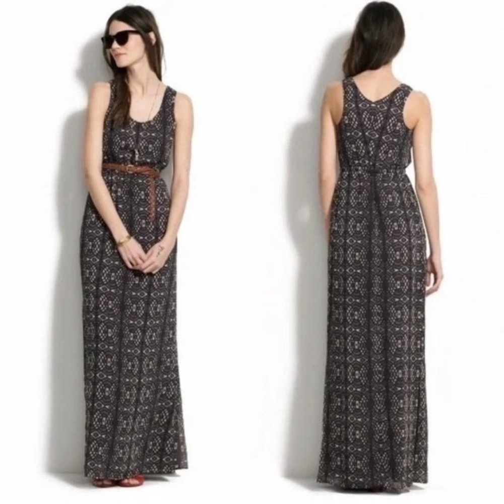 Madewell lace print sleeveless maxi dress Size 6 high side slits charcoal nude